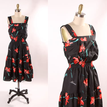 1980s Black, Green and Red Hibiscus Wide Strap Elastic Waist Tropical Hawaiian Dress by Casual Wear Made in Hawaii -M 