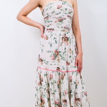 1970s Elastic Waist White and Pink Floral Tiered Halter-neck Sundress