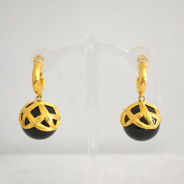 Vintage Monet Large Black and Gold Ball Dangle Clip Earrings 