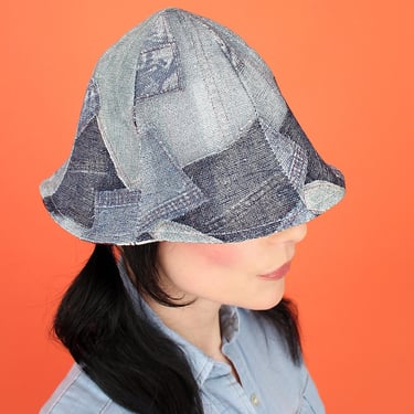 ViNtAgE 70's Patchwork Print Denim Bucket Hat // Deadstock // REVERSIBLE Bell Petal Brim Floppy Sun Hat Striped Jeans 60's Patched 