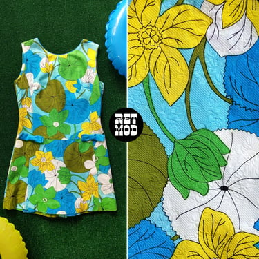 Cute Vintage 60s 70s Blue, Green, Yellow Lily Pad Floral Romper (Dress with Built-In Shorts) 
