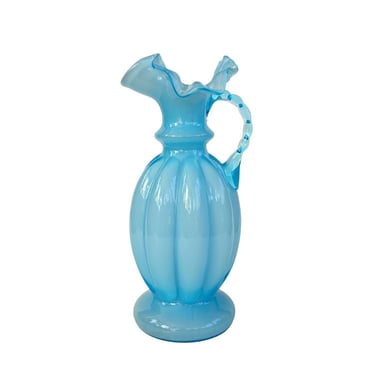Fenton Blue Pitcher Vase, Vintage 1940s Opalescent Ruffled Melon Vase with Applied Handle 