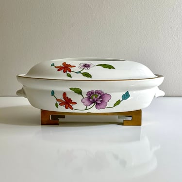 Vintage Royal Worcester Porcelain Covered Casserole Bakeware Baking Dish, Astley ptrn - Floral Sprays, Insect, Oval 1.5 qt, Shape 21 Size 2 