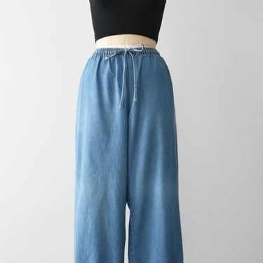 vintage denim wide leg pants, 90s drawstring waist jeans 