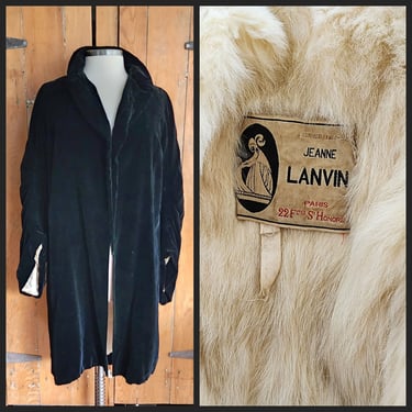 30s Lanvin Black Velvet Coat White Fur Lining 