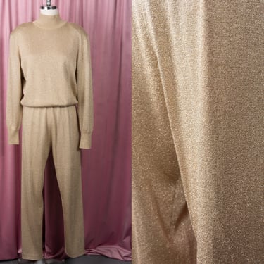 Vintage Tesori Metallic Gold Sparkle Lurex Cozy Knit Sweater and Pants Set 