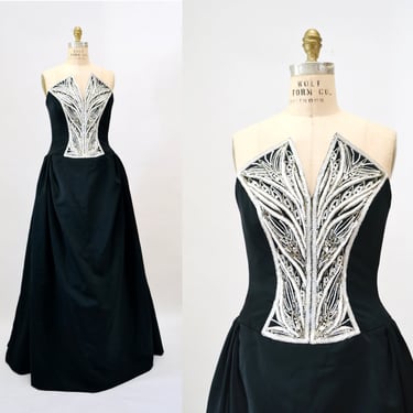Vintage Bob Mackie Black Evening Ball Gown Small Medium Black Beaded Strapless Evening Gown Dress 90s 00s Dress Beaded Strapless Ball Gown 