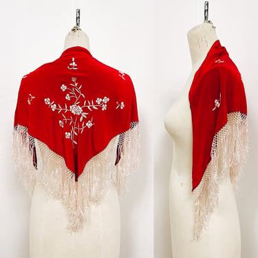 1900s - 1910s Red Silk w White Embroidered Flower Design Hand Stitched Piano Scarf / Shawl w Fringe | Vintage, Western, Saloon, Triangle 