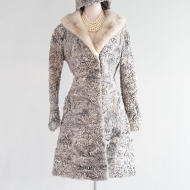 Ice Queen 1960's Silver Persian Lamb Princess Fur Coat and Matching Hat / ML