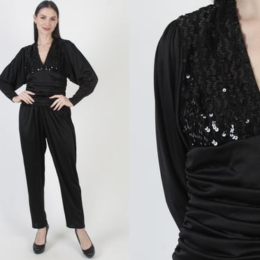 Black Disco Jumpsuit, Womens Sequin Playsuit, 80s Glam Pant Suit, Open Back 