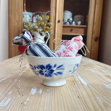 Beautiful vintage French ironstone cafe au lait bowl with blue floral design 