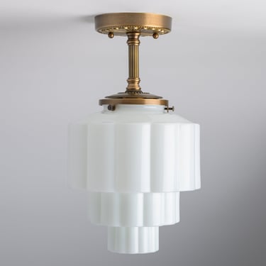 Art Deco Lighting - Cast Brass - Ornate Light - Heavy Gauge - Brass Ceiling Light Fixture - Opal/White Handblown Glass - Historic Design 