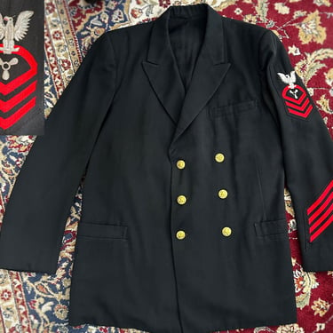 1940's NAVY Men's Black Gabardine Uniform Blazer Suit Jacket Red Arm Stripes Sailor Propeller, Double Breasted, Gold Buttons, Vintage WWII 