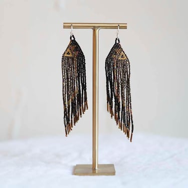 Huichol Beaded Earrings - Black and Gold