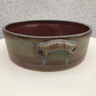Vintage modern stoneware pottery casserole bowl rich browns green tones stamped DC 8.5” 