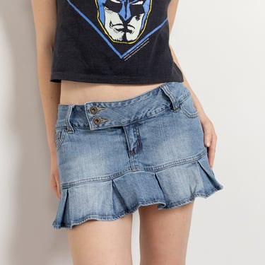 Y2K DENIM SKORT Vintage Mini Schoolgirl Pleated Low Rise Stretch 2000's Blue / 36 37 Inch Hips / 4 5 