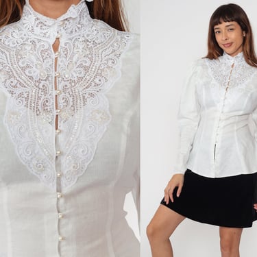 White Victorian Blouse 80s Jessica McClintock Floral Embroidered Pearl Beaded Top Lace Trim Puff Sleeve Shirt Romantic Vintage 1980s Small S 