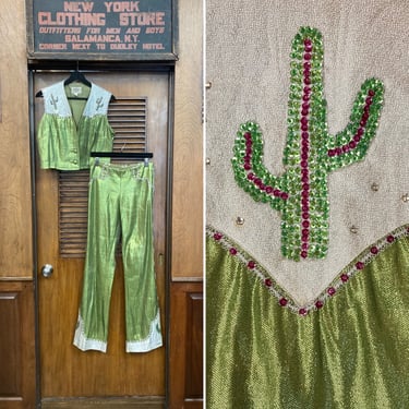 Vintage 1960’s Amazing Lime Green Lamé Lurex Rockabilly Western Cowboy Cowgirl Stage Outfit, Vest, Flare Pants, Cowboy, Cowgirl, Sequined, 