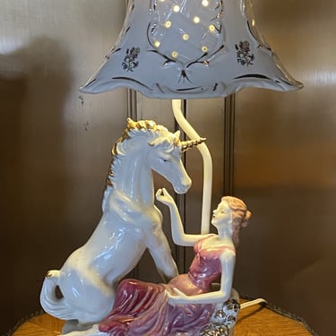 Porcelain Lamp w Woman and Unicorn w Porcelain Shade