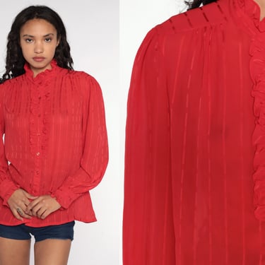 Sheer Red Blouse TUXEDO Shirt Ruffle Blouse 80s Button Up Top 1980s Victorian Vintage Long Puff Sleeve Secretary Shirt Large 12 