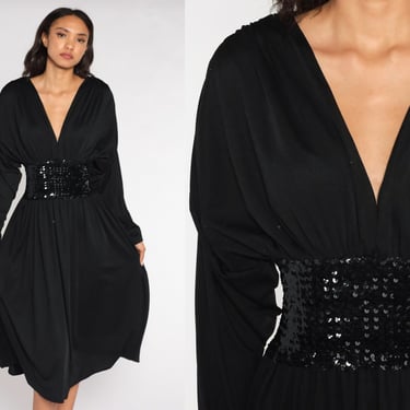 Black Party Dress Sequin Grecian Dress 70s Midi Dress Batwing Sleeve 1970s Boho Empire Waist Deep V Neck Drape Gown Formal Small Medium 