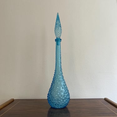 Vintage Italian Empoli Blue Hobnail Glass Genie Bottle Carafe Bottle, Mid Century Collectible Italian Blue Bottle 