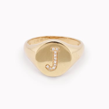 Diamond &quot;J&quot; Initial Signet Ring