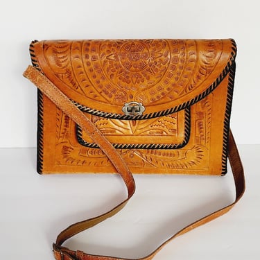 70s Tooled Leather Shoulder Bag Mexican Aztec Motif by National Bags 
