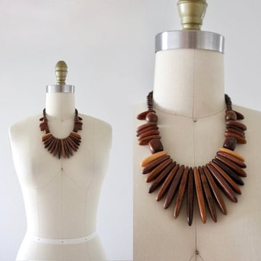 wood fringe necklace - vintage 80s 90s womens wooden boho modernist hippie glam jewelry 