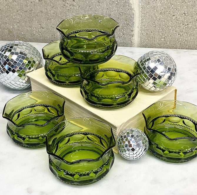 Vintage Avocado Green Glass Salad Serving Bowl shops Set Lot Of 6 Mid Century Modern.