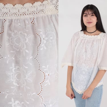 70s Embroidered Blouse Sheer White Peasant Top Angel Sleeve Shirt Floral Crochet Greek Summer Festival Hippie Bohemian Vintage 1970s Small S 