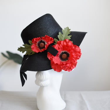 50s/60s Black Sunhat With Cascading Poppies 