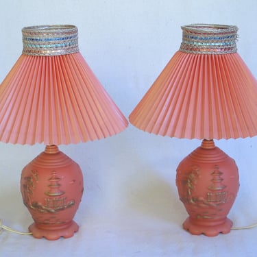 Pair Retro Table Lamps with Shades Small Asian Table Lamps Chinioserie Table Lamps Coral Pink Salmon Pink Vintage Table Lamps Set of two 
