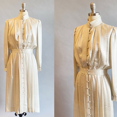 1980's Stanley Sherman Dress / Saks 5th Avenue Dress / 80's Cream Silk Dress / Snake Skin Pattern / Dress With Pockets / Size Medium 