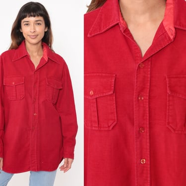 Red Velvet Button Up Shirt 90s Eddie Bauer Utility Oxford Shirt Long Sleeve Collared Shirt Plain Chest Pocket Vintage 1990s Men's Large 