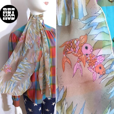 Ethereal Vintage 70s 80s Pastel Fish Swimming in Kelp Long Sheer Scarf with Lettuce Trim 