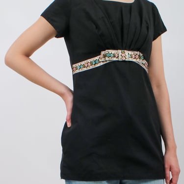 1960s Mini Black Cotton Dress Top With Metallic Trim