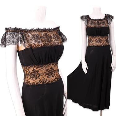 50s PEGGY HUNT black illusion lace dress S / vintage late 1940s 1950s LBD nude shelf bodice flamenco party dress 26