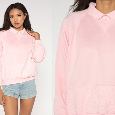 Baby Pink Sweatshirt 90s Gitano Quilted Sweatshirt Plain Collared Pullover Sweater Long Sleeve Solid Basic Streetwear Vintage 1990s Medium 