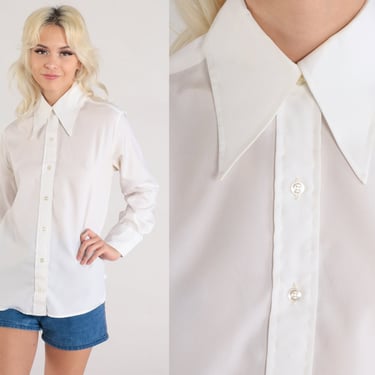 70s Shirt White Dagger Collar Shirt Button Up Shirt Long Sleeve Top Disco Shirt 1970s Collared Plain Oxford Pocket Medium 