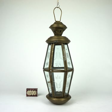 Vintage hanging brass candle lantern, Retro handmade  lamp, Old lantern etched glass and brass,  Hanging light fixture, Decorative lighting 