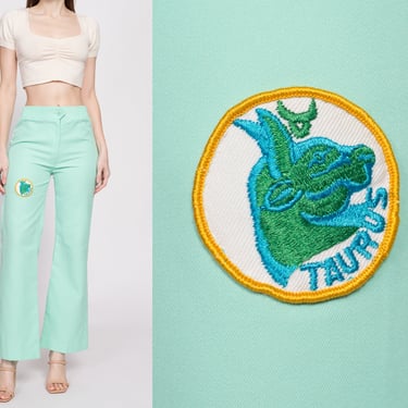 70s Taurus Patch High Waisted Pants - Small to Petite Medium | Vintage Mint Green Boho Flared Polyester Trousers 
