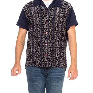 1990S Blue Leopard Print Polyester Knit Rockabilly Men's Club Rave Shirt 