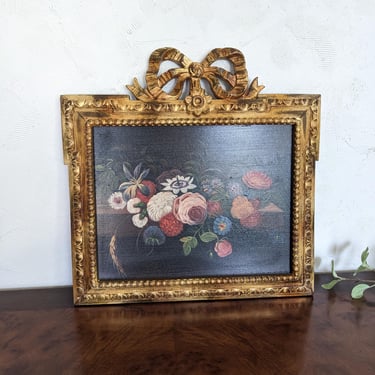 Vintage Hans Christian Anderson Flowers In Ornate French Gilt Gold Bow Frame 