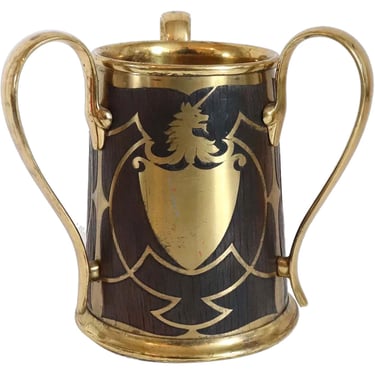 1910 Antique German Art Nouveau Erhard & Sohne Brass and Oak Intarsia Loving Cup 