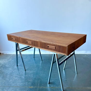 Mid Century Modern campaign style walnut and chrome desk 