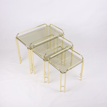 Vintage Mid-Century Nesting Tables Set | Brass Frame and Smoked Glass Top | Retro Stackable Side Tables | Gold Accent Tables for Home Décor 