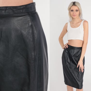 Black Leather Skirt 80s Pencil Skirt High Waisted Knee Length Wiggle Skirt Pencil Party Rocker Glam Going Out Vintage 1980s Small S 26 