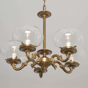 Classic Chandelier - Brass Lighting Chain Fixture - 5 Hand Blown Glass Shade- Historic Design - Dining Room Lighting - Clear Glass 