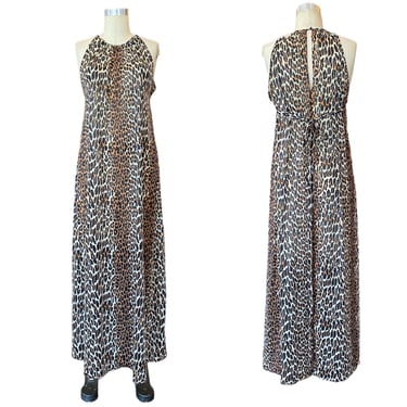1960s nightgown, leopard print nylon, vintage 60s lingerie, tie back, keyhole, size medium, maxi dress, pin up 